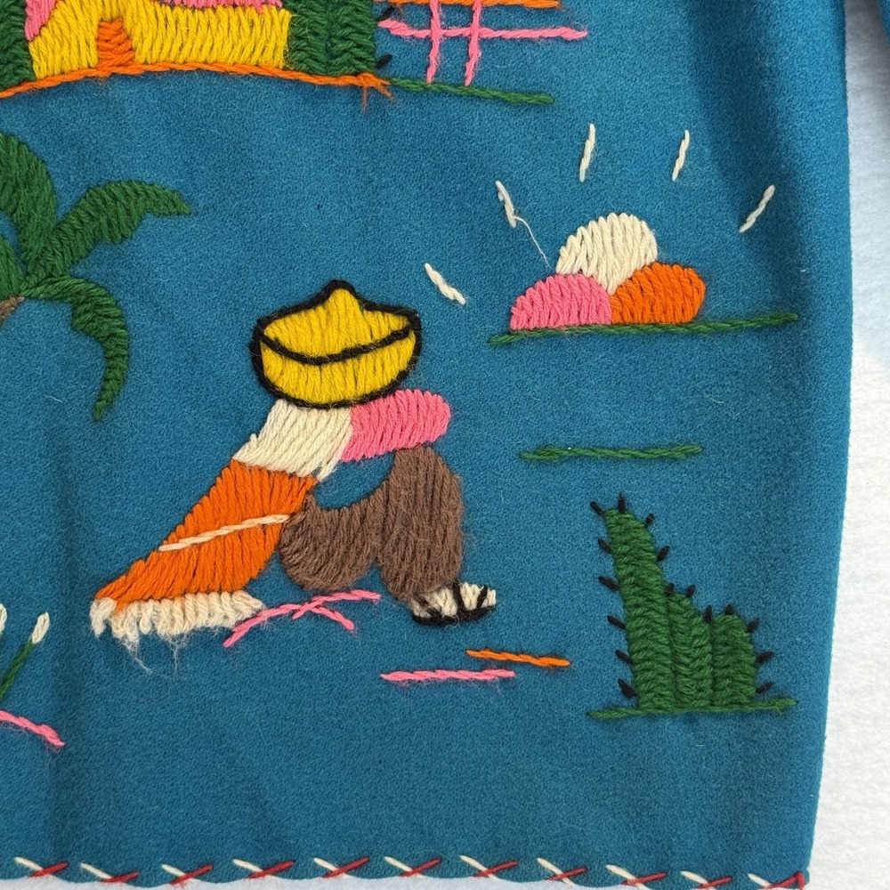 Vintage Azteca Mexican Wool‎ Souvenir Jacket Turquoise Hand Embroidered Folk Art - Picture 12 of 16